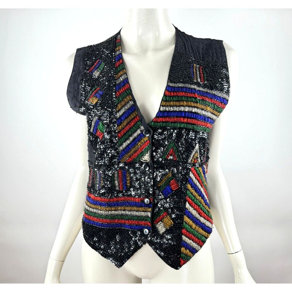 Creazioni Effect Embellished Vest Women M Nwt Beads Sequins Button Up V-Neck